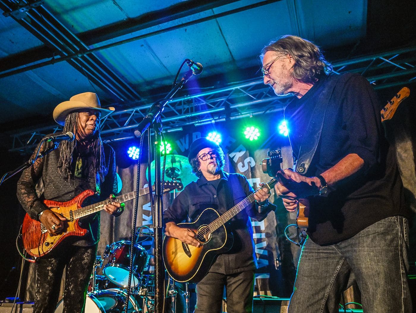 Larry Mitchell, Dan Navarro and Allen Hinds perform during Larry Mitchell's Late Night Jam at John Emerald Distilling Company during the Opelika Songwriters Festival